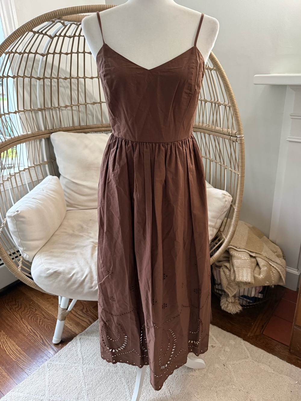 Calypso St Barth Brown Eyelet Midi Dress Smocked Back Spaghetti Strap 8 - Picture 1 of 8